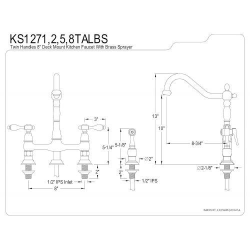  Kingston Brass KS1278TALBS Tudor 8 Inch Center Kitchen Faucet With Brass Sprayer, Brushed Nickel, 8-3/4 inch in Spout Reach, Brushed Nickel