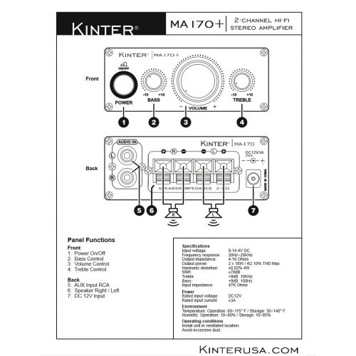  Kinter MA170+ 2-Channel Auto Home Cycle Arcade DIY 2 x 18 W Mini Amplifier Bass Treble RCA Input Audio Mini Amplifier with 12V 3A Power Supply Black