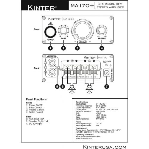  [아마존베스트]Kinter MA170+ 2-Channel Auto Home Cycle Arcade DIY 2 x 18 W Mini Amplifier Bass Treble RCA Input Audio Mini Amplifier with 12V 3A Power Supply Black