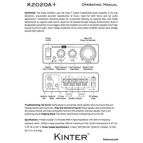  [아마존베스트]Kinter K2020A+ Limited Edition Original Tripath TA2020-020 Class-T Hi-Fi Audio Mini Amplifier with 12V 5A Power Supply Black