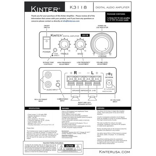  [아마존베스트]Kinter K3118 Texas Instruments TI Digital Hi-Fi Audio Mini Class D Home Auto DIY Arcade Stereo Amplifier with 12V 3A Power Supply Black