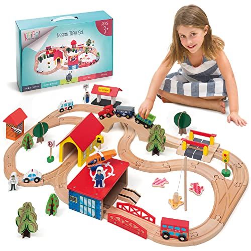  KipiPol Wooden Train Tracks Set for Kids, Toddler Boys and Girls 3, 4, 5 Years Old and Up - 69 Pieces  Premium Wood Construction Toys - Fits Thomas, Brio, IKEA, Imaginarium, Melis