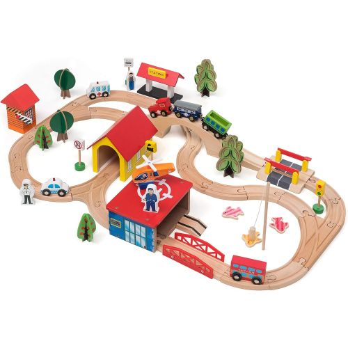  KipiPol Wooden Train Tracks Set for Kids, Toddler Boys and Girls 3, 4, 5 Years Old and Up - 69 Pieces  Premium Wood Construction Toys - Fits Thomas, Brio, IKEA, Imaginarium, Melis