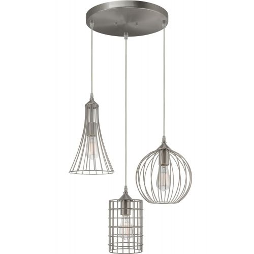  Kira Home Wyatt 11.5 Rustic Industrial 3-Light Multi-Pendant Chandelier + Metal Shades, Cage Design, Adjustable Wire, Brushed Nickel Finish