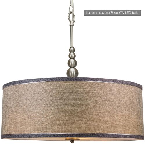  Kira Home Adelade 22 Modern 3-Light Drum Pendant Chandelier, Gray Fabric Shade, Tempered Glass Diffuser, Adjustable Height, Brushed Nickel Finish
