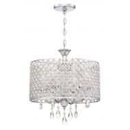 Kira Home Briolette 16 Modern Chic 4-Light Crystal Pendant Chandelier + Beaded Drum Shade, Dimmable, Adjustable Chain, Chrome Finish