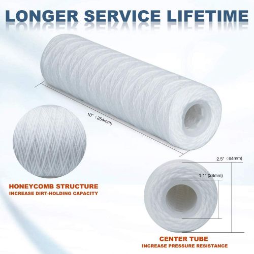  [아마존베스트]Kirmax 10 Micron String Wound Sediment Water Filter Cartridge, 6 Pack, All House Sediment Filtration, Universal