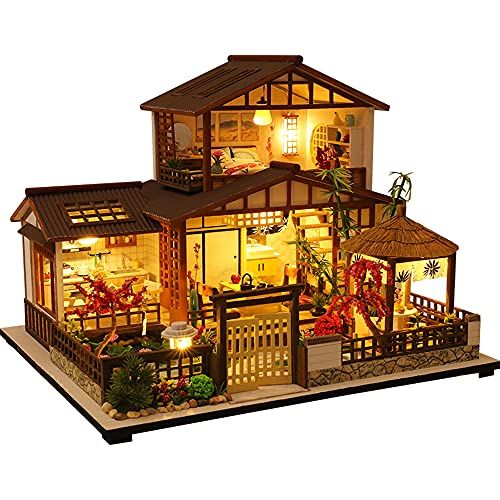  Kisoy Dollhouse Miniature with Furniture Kit, Handmade Great Japanese Courtyard Style DIY House Model for Teens Adult Gift (Sakura Courtyard Whisper)