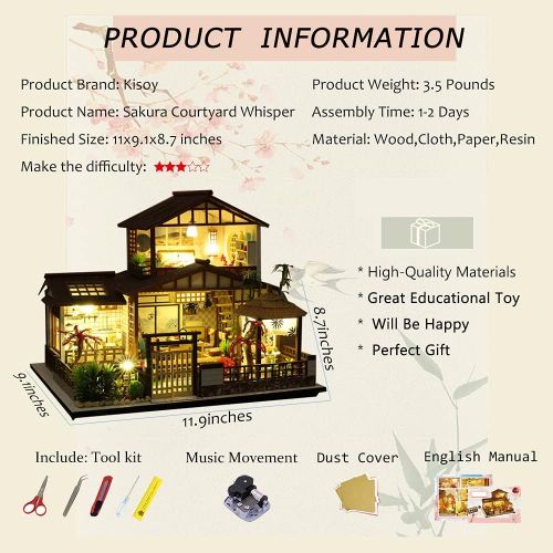  Kisoy Dollhouse Miniature with Furniture Kit, Handmade Great Japanese Courtyard Style DIY House Model for Teens Adult Gift (Sakura Courtyard Whisper)