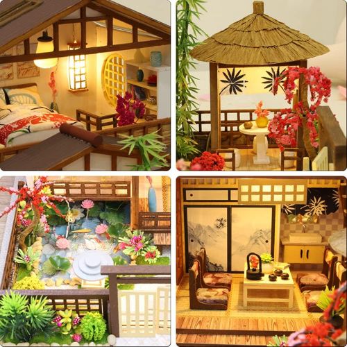  Kisoy Dollhouse Miniature with Furniture Kit, Handmade Great Japanese Courtyard Style DIY House Model for Teens Adult Gift (Sakura Courtyard Whisper)