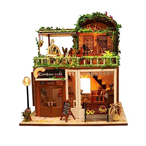  Kisoy Romantic and Cute Dollhouse Miniature DIY House Kit Creative Room Perfect DIY Gift for Friends,Lovers and Families Comes with Dust Proof Cover and Music Movement (Rainbow Caf