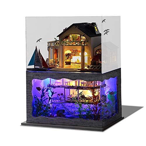  Kisoy Miniature DIY Dollhouse Kit with Furniture Accessories Creative Gift for Lovers and Friends (Impression of Hawaii) with Dust Proof Cover and LED Lights