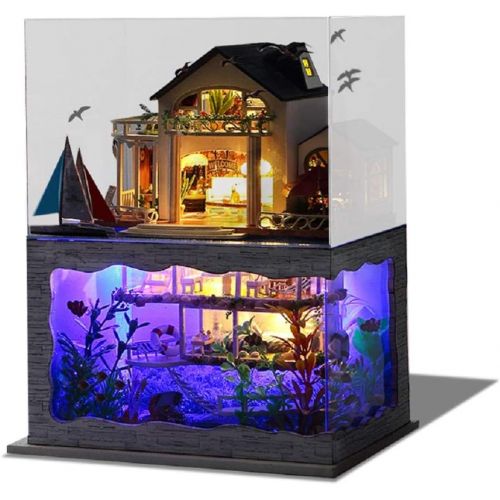  Kisoy Miniature DIY Dollhouse Kit with Furniture Accessories Creative Gift for Lovers and Friends (Impression of Hawaii) with Dust Proof Cover and LED Lights