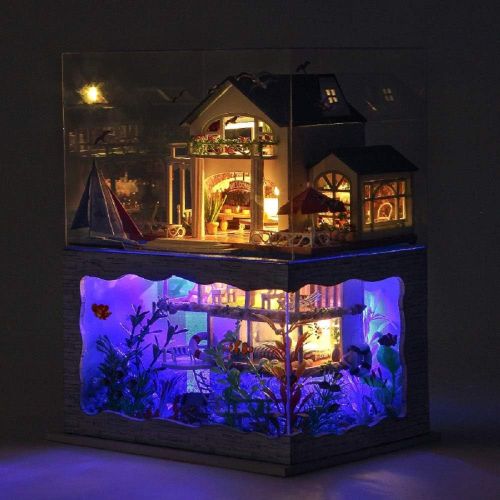  Kisoy Miniature DIY Dollhouse Kit with Furniture Accessories Creative Gift for Lovers and Friends (Impression of Hawaii) with Dust Proof Cover and LED Lights