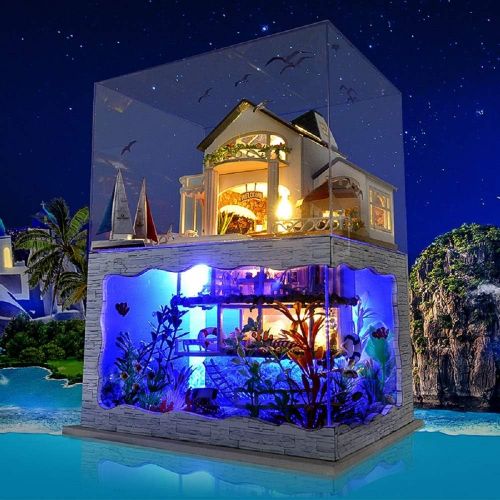  Kisoy Miniature DIY Dollhouse Kit with Furniture Accessories Creative Gift for Lovers and Friends (Impression of Hawaii) with Dust Proof Cover and LED Lights