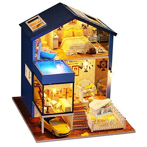  Kisoy Romantic and Cute Dollhouse Miniature DIY House Kit Creative Room Perfect DIY Gift for Friends,Lovers and Families(Seattle Night-Yellow Car Plus Dust Proof Cover)