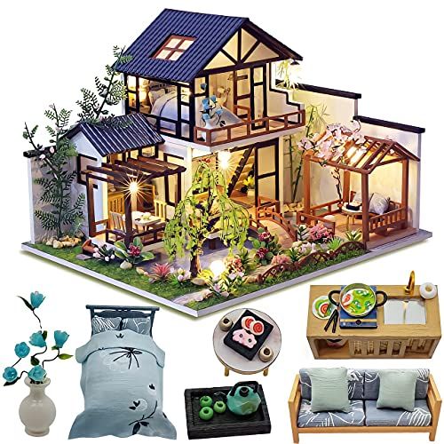  Kisoy Dollhouse Miniature with Furniture Kit, Handmade Chinese Style Loft DIY House Model for Teens Adult Gift (Bamboo Creek Water Garden)