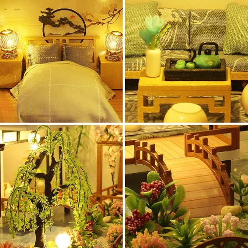  Kisoy Dollhouse Miniature with Furniture Kit, Handmade Chinese Style Loft DIY House Model for Teens Adult Gift (Bamboo Creek Water Garden)