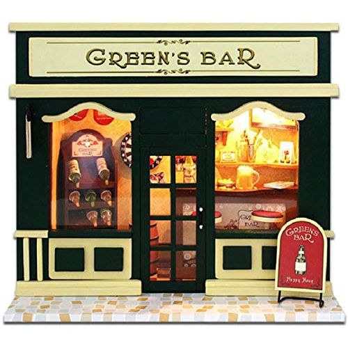  Kisoy DIY Dollhouse Kit, Exquisite Miniature with Furniture, Dust Proof Cover and Music Movement, for Your Perfect Craft (Green s bar)