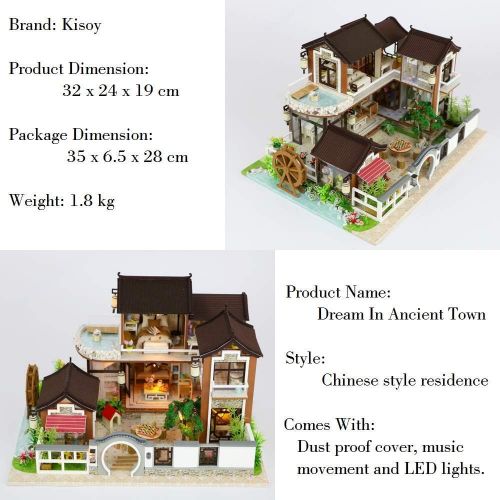  Kisoy Miniature DIY Dollhouse Kit with Furniture Accessories Creative Gift for Lovers and Friends (Dream in Ancient Town) with Dust Proof Cover and Music Movement