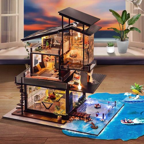  Kisoy Miniature DIY Dollhouse Kit with Furniture Accessories Creative Gift for Lovers and Friends (Valencia Coast) with Dust Proof Cover and Music Movement