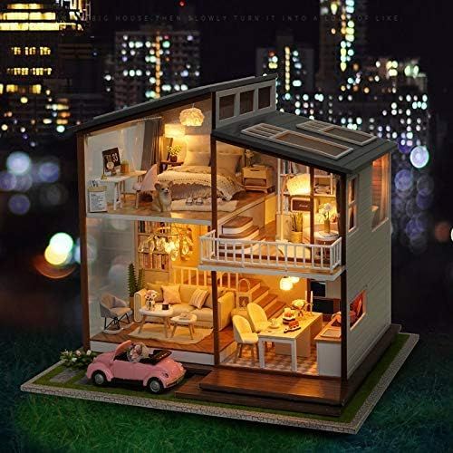  Kisoy Romantic and Cute Dollhouse Miniature DIY House Kit Creative Room Perfect DIY Gift for Friends, Lovers and Families (Idyllic Period) with Dust Proof Cover and Toy Car