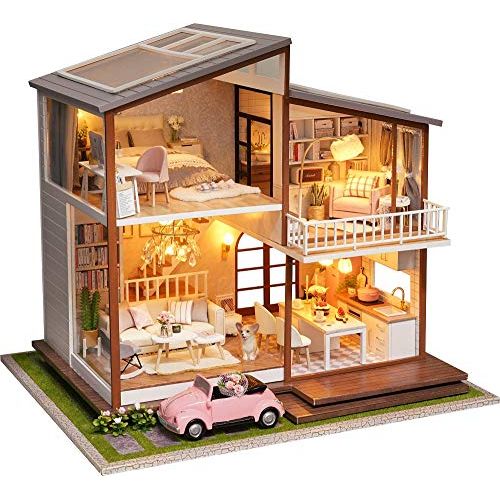  Kisoy Romantic and Cute Dollhouse Miniature DIY House Kit Creative Room Perfect DIY Gift for Friends, Lovers and Families (Idyllic Period) with Dust Proof Cover and Toy Car