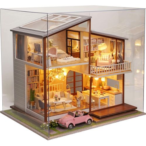  Kisoy Romantic and Cute Dollhouse Miniature DIY House Kit Creative Room Perfect DIY Gift for Friends, Lovers and Families (Idyllic Period) with Dust Proof Cover and Toy Car