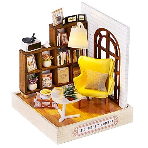  Kisoy Dollhouse Miniature with Furniture Kit, DIY 3D Wooden DIY House Kit with Dust Cover,Handmade Tiny House Toys for Teens Adults Gift (Leisurely Moment)