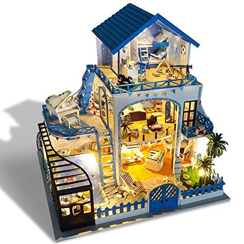  Kisoy Miniature DIY Dollhouse Kit with Furniture Accessories Creative Gift for Lovers and Friends (Aegean Sea) with Dust Proof Cover and Music Movement