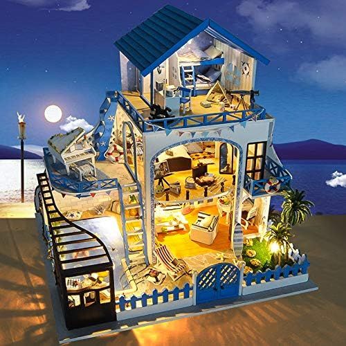  Kisoy Miniature DIY Dollhouse Kit with Furniture Accessories Creative Gift for Lovers and Friends (Aegean Sea) with Dust Proof Cover and Music Movement