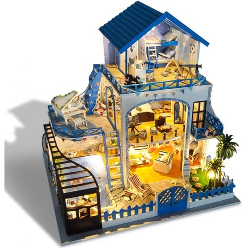  Kisoy Miniature DIY Dollhouse Kit with Furniture Accessories Creative Gift for Lovers and Friends (Aegean Sea) with Dust Proof Cover and Music Movement