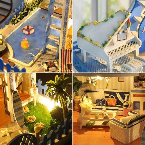  Kisoy Miniature DIY Dollhouse Kit with Furniture Accessories Creative Gift for Lovers and Friends (Aegean Sea) with Dust Proof Cover and Music Movement