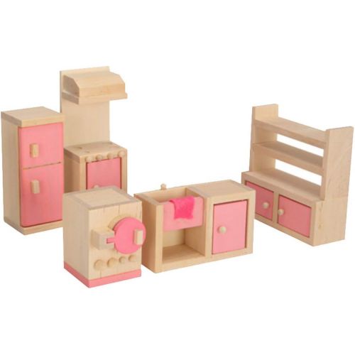  Kisoy Wooden Dollhouse Furniture Set for Kid and Children (6 PCS Including Kitchen Bathroom Bedroom High and Low Bed Living Room Dining Room)