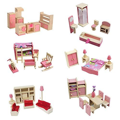  Kisoy Wooden Dollhouse Furniture Set for Kid and Children (6 PCS Including Kitchen Bathroom Bedroom High and Low Bed Living Room Dining Room)