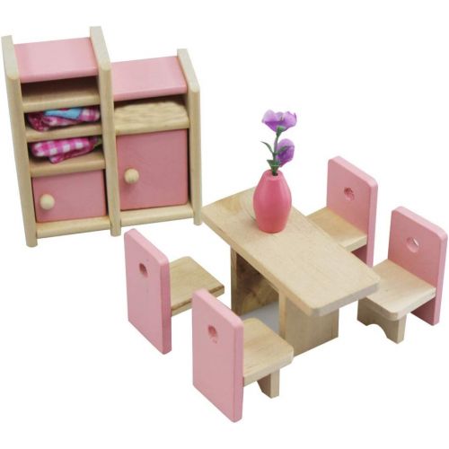  Kisoy Wooden Dollhouse Furniture Set for Kid and Children (6 PCS Including Kitchen Bathroom Bedroom High and Low Bed Living Room Dining Room)