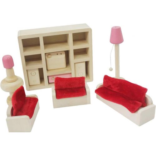  Kisoy Wooden Dollhouse Furniture Set for Kid and Children (6 PCS Including Kitchen Bathroom Bedroom High and Low Bed Living Room Dining Room)