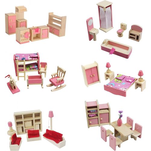  Kisoy Wooden Dollhouse Furniture Set for Kid and Children (6 PCS Including Kitchen Bathroom Bedroom High and Low Bed Living Room Dining Room)