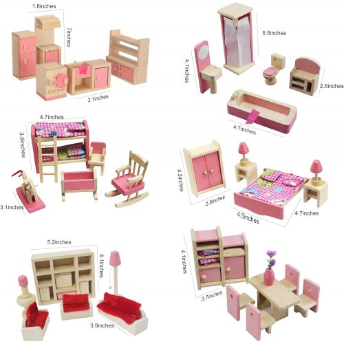  Kisoy Wooden Dollhouse Furniture Set for Kid and Children (6 PCS Including Kitchen Bathroom Bedroom High and Low Bed Living Room Dining Room)