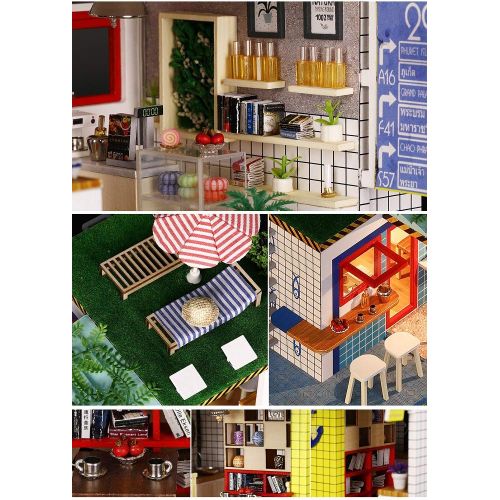  Kisoy Miniature DIY Dollhouse Kit with Furniture Accessories Creative Gift for Lovers and Friends (Sea Station) with Dust Proof Cover and Music Movement