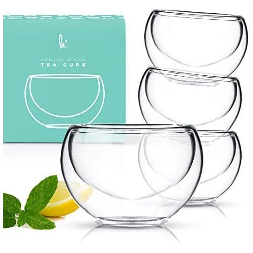  Kitchables Tea Cup Set of 4 - Modern Double Wall Glass Insulated Teacups Best Paired with your Teapot or Coffee (2.5 oz)