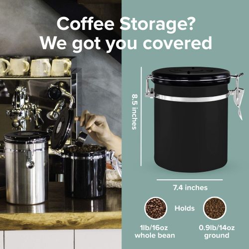  Kitchables Coffee Storage Container with Scoop - Airfresh Valve Stainless Steel Metal Canister for Fresher Coffee Ground or Beans (Espresso Black)