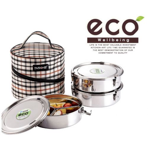 Kitchen Art Eco Stainless steel Food Container Circular Side Dish 3 Stage Outdoor Picnic (20CM)