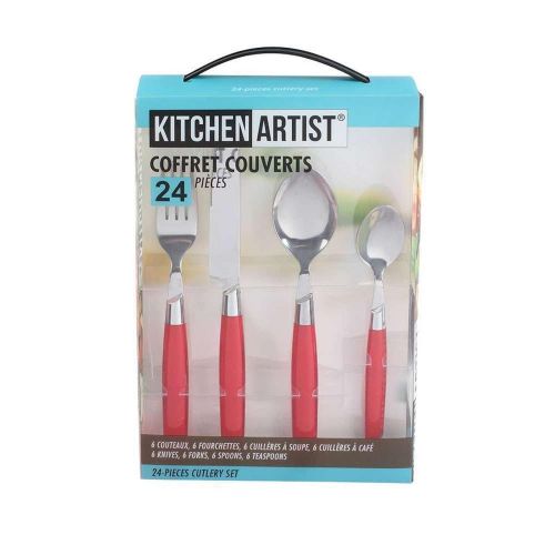  Kitchen Artist Edelstahl Besteckset fuer 6 Personen Essbesteck 24-tlg Tafelbesteck Besteckset (Besteck Glaenzend, Poliert, Menuebesteck, Messer, Gabel, Loeffel, 6 Gedecke, Griff Rot)