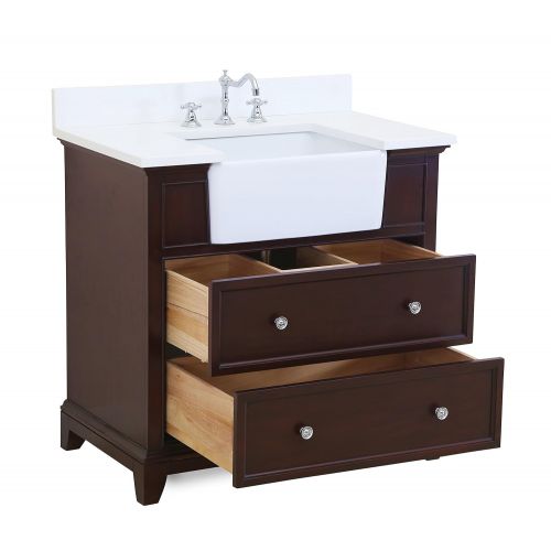  Kitchen Bath Collection Sophie 36-inch Bathroom Vanity (Quartz/Chocolate): Includes a White Quartz Countertop, Chocolate Cabinet with Soft Close Drawers, and White Ceramic Farmhouse Apron Sink