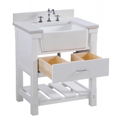  Kitchen Bath Collection Charlotte 30-inch Bathroom Vanity (Quartz/White): Includes a White Quartz Countertop, White Cabinet with Soft Close Drawers, and White Ceramic Farmhouse Apron Sink