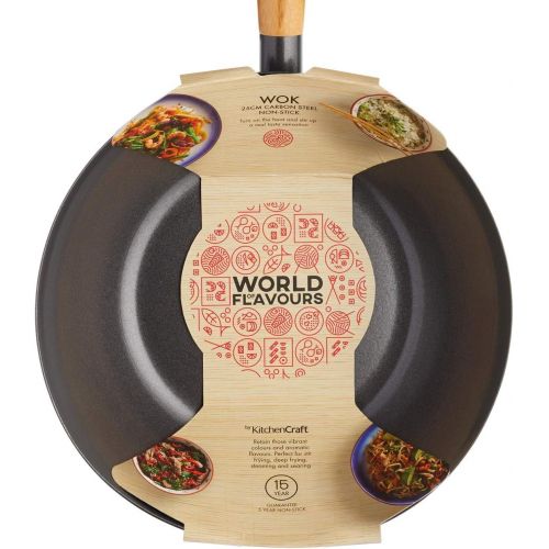  Kitchen Craft Pure Oriental Wok aus Carbonstahl mit Holzgriff und Antihaftbeschichtung, 20cm