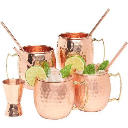  [아마존베스트]Kitchen Science Artisan Hand Crafted Moscow Mule Pure Copper Mugs 16 Ounce with BONUS - Your 4 pure copper cups set come with 4 copper Straws and a copper Jigger