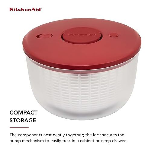 키친에이드 KitchenAid Universal Salad Spinner with Removable, Colander and One Handed Pump Mechanism, Large Bowl Nests and Features Non Slip Base, 7.43 Quart, Empire Red