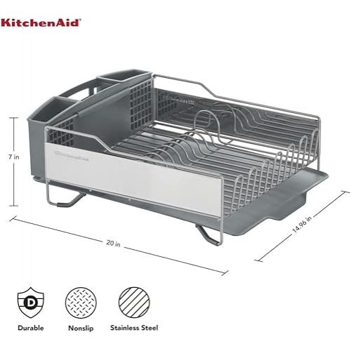 키친에이드 KitchenAid Large Capacity,Full Size, Rust Resistan Dish Rack with Self Draining Angled Drain Board and Removable Flatware Caddy, Light Grey, Gray